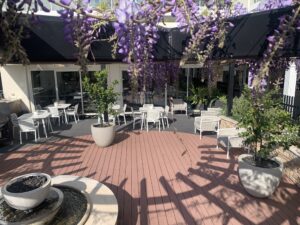 Our north facing courtyard is now more popular than ever as a place to sit, chat, relax, read and dine in a lovely alfresco setting